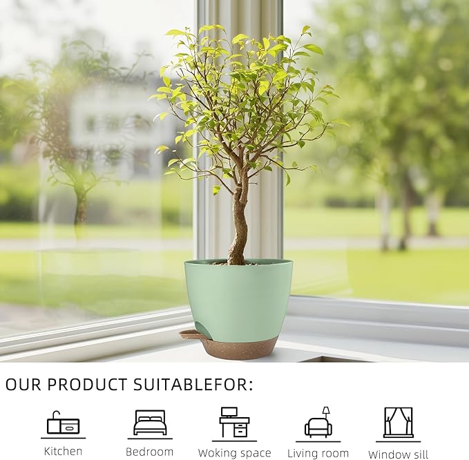 Plant Pots 8/7.5/7/6.5/6 Inch Self Watering Pots,5 Pack Planters with Drainage Holes and Saucers,Plastic Flower Pots,Nursery Planters for Indoor Outdoor Plants (Green)