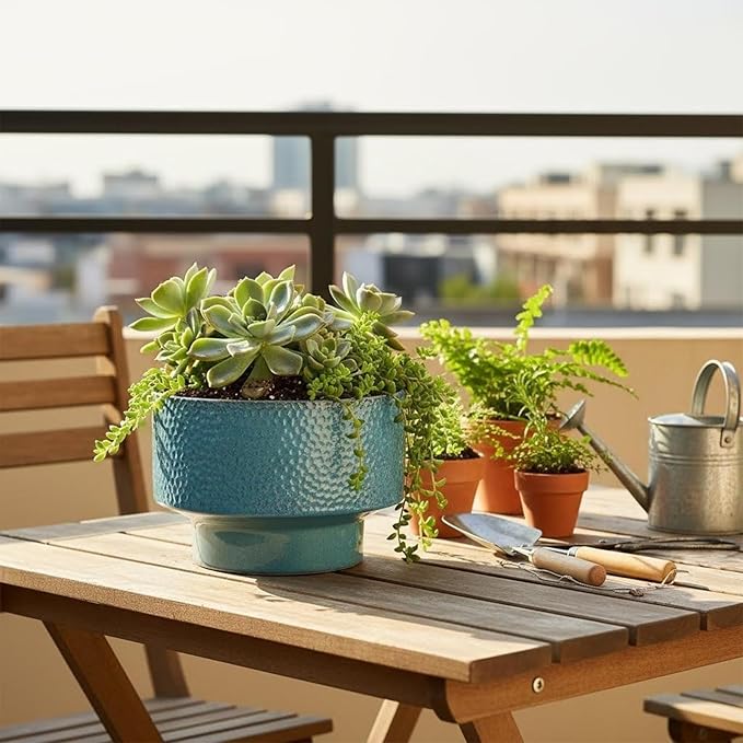 Ceramic Planters 13 Inch, Honeycomb Ceramic Pots for Plants Indoor Outdoor, Round Plant Pot with Drainage Hole, Large Planter Flower Pot, Reactive Glaze Blue