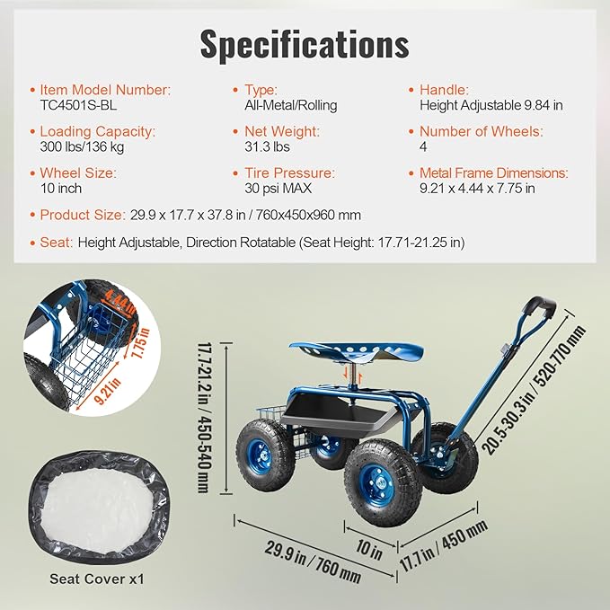 VEVOR Garden Cart Rolling Workseat with Wheels, Gardening Stool for Planting, 360 Degree Swivel Seat, Wagon Scooter with Steering Handle & Utility Tool Tray, Use for Patio, Yard, and Outdoors, Blue