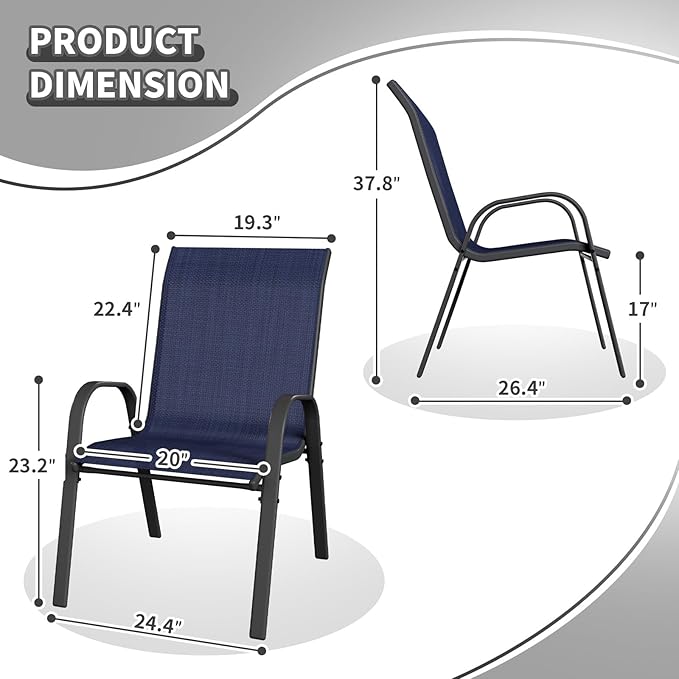 Patio Dining Chairs Set of 6, Outdoor High Stacking Chairs，Breathable Seat Fabric and Alloy Steel Frame for Backyard, Porch, Garden, Sunroom (Blue)