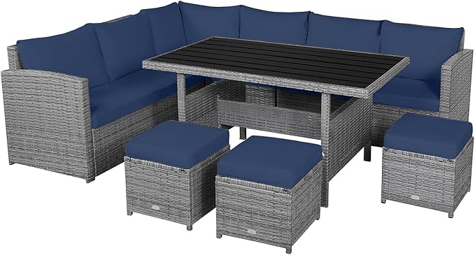 Tangkula 7 Pieces Patio Furniture Set, Outdoor Sectional Rattan Dining Sofa Set with Cushions, All Weather Wicker Conversation Couch Set with Dining Table & Ottomans for Yard Garden Poolside, Navy
