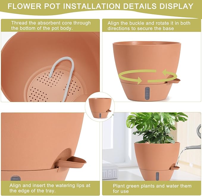 4 Pack Plant Pots,12/10/9/8/ Inch Self Watering Pots for Indoor/Outdoor Plants Deep Reservoir,Nursery Planting Pot for Indoor Out Door Plants (Terracotta,12/10/9/8/ Inch)
