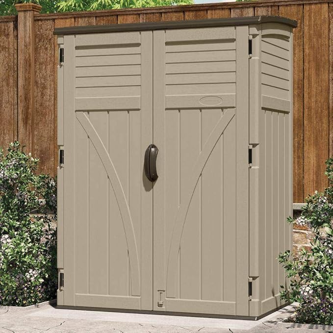 Suncast Outdoor Storage Shed, Water Resistant Resin Vertical Outdoor Storage Cabinet for Patio, Garden Tools, Cushions, & Equipment, Weatherproof Multi-Wall Design, 54 cu. ft., Made in USA
