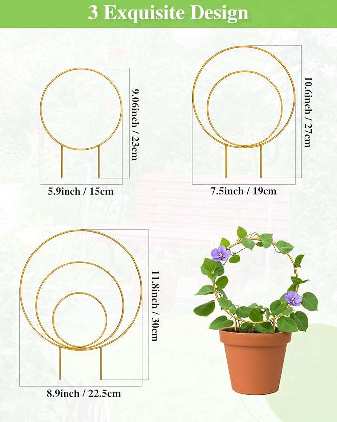 3 Pack Premium Round Plant Trellis Indoor, Small Metal Plant Support Stake for Climbing Plants, Different Sizes Gold Garden Trellis for Ivy and Flowers Outdoor