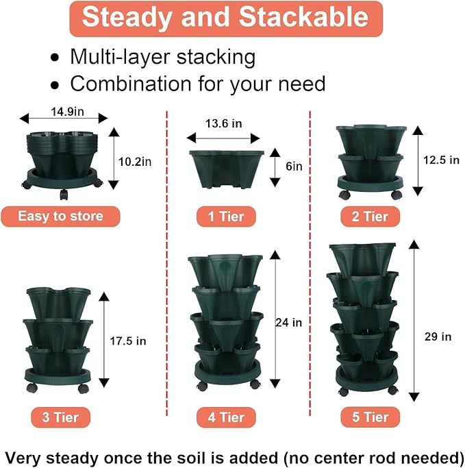 GameXcel Vertical Planter 5 Tier Stackable Planters Garden Planters Strawberry Herb Flower and Vegetable Planter Indoor Outdoor Gardening Pots with Removable Wheels and Tools - Green