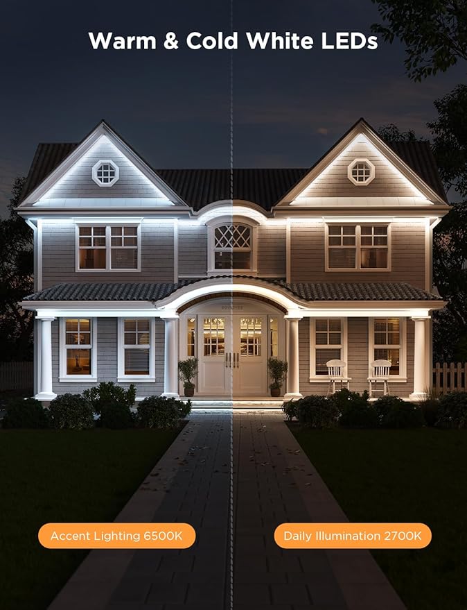 Govee Outdoor LED Strip Lights RGBIC with Warm and Cold White, 65.6ft 2.4G WiFi Smart Outdoor Lights, IP65 Waterproof, Work with Alexa and Google Assistant, App Control, for Porch, Patio, Eave, Party
