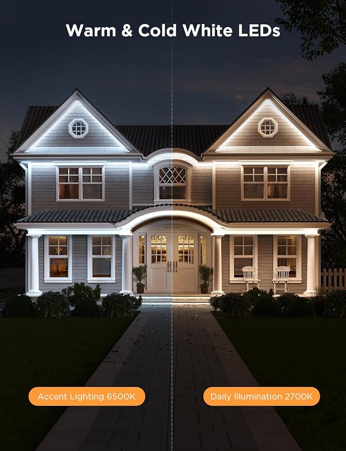 Govee Outdoor LED Strip Lights RGBIC with Warm and Cold White, 32.8ft 2.4G WiFi Smart Outdoor Lights, IP65 Waterproof, Work with Alexa and Google Assistant, App Control, for Porch, Patio, Eave, Party