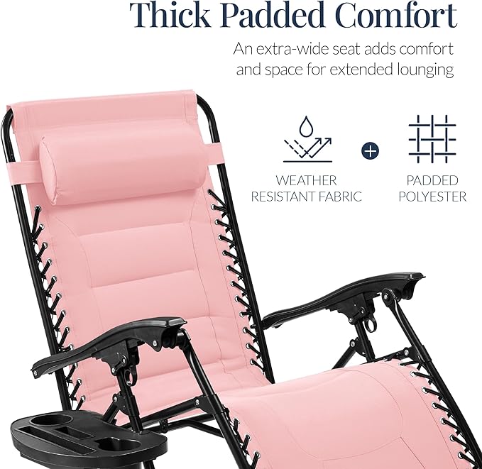Best Choice Products Oversized Padded Zero Gravity Chair, Folding Outdoor Patio Recliner, XL Anti Gravity Lounger for Backyard w/Headrest, Cup Holder, Side Tray, Polyester Mesh - Bubblegum Pink