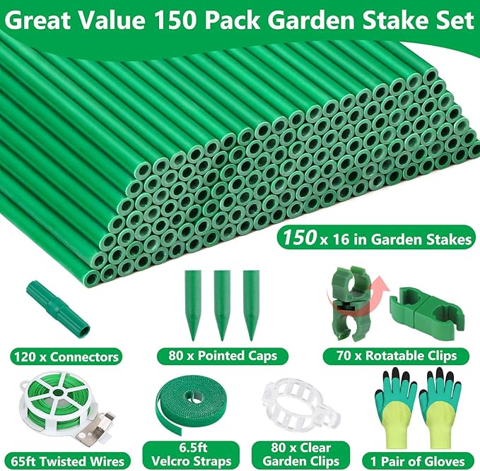 Lezmarket 150 Pack Garden Stakes(16" Each), Plant Support Stakes, DIY 4ft 5ft 6ft 7ft Sturdy Fiberglass Plant Sticks Support Garden Trellis for Growing Climbing Tomato Vegetables Flowers