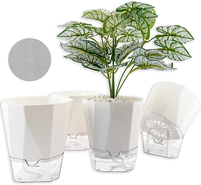 4 Packs Self Watering Plant Pots, Plastic Flower Pots with Drainage Hole and Saucer, Self Watering Planters for Indoor Outdoor Garden Plants, African Violet, Herbs (White, 5")