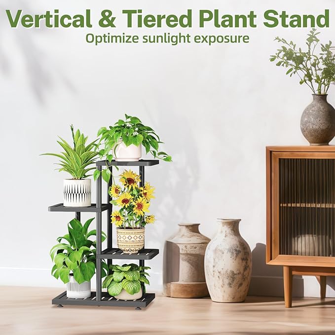 iDavosic.ly Plant Stand Indoor Outdoor, 3-Tier Tall Metal Flower Shelf for Heavy-Duty Large Planters, Corner Orchid Display Rack for Living Room Balcony Patio Porch, Space Saving, Modern Black