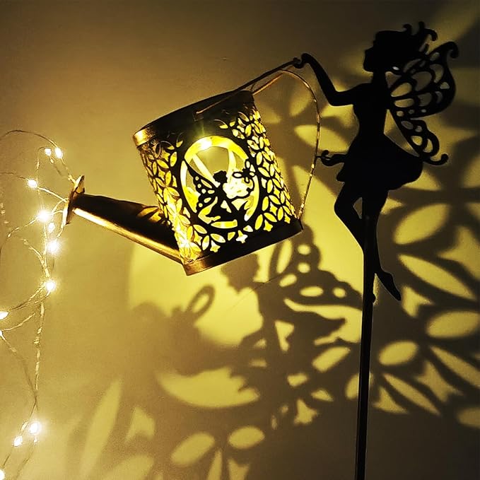 Solar Watering Can Lights, Outdoor Garden Decor,LED Waterproof String Light,Metal Vintage Fairy Tale Lamps Outside,Solar Lantern with Shepherd Hook for Lawn Yard Path (Fairy)