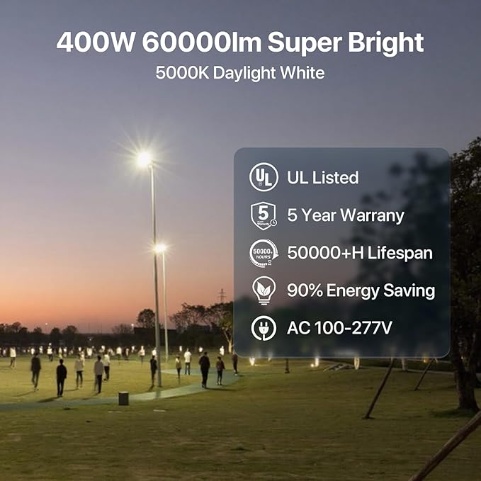 HYPERLITE Led Parking Lot Light - 400W UL Listed LED Stadium Lights for Square Pole/Wall Mount- 60000lm 5000K Commercial Parking Lights Flood Light for Yard Street Court Driveways Road - AC100-277V