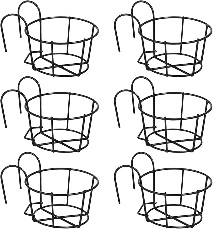 6 PCS Round Hanging Railing Planters, Hanging Flower Stand Iron Baskets, Hanging Planters for Outdoor Plants, Metal Rack Fence Shelf Plant Holder with Hooks for Balconies, Gardens, Indoor Spaces