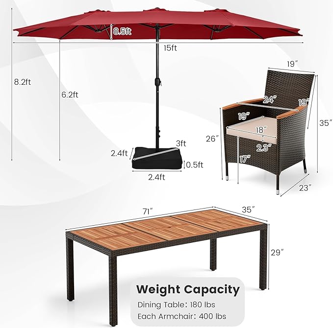 Tangkula 11 Pieces Patio Dining Set with 15ft Double-Sided LED Patio Umbrella (Base Included), Outdoor Rattan Furniture Set with 8 Stackable Chairs, Acacia Wood Dining Table and Umbrella (Wine)