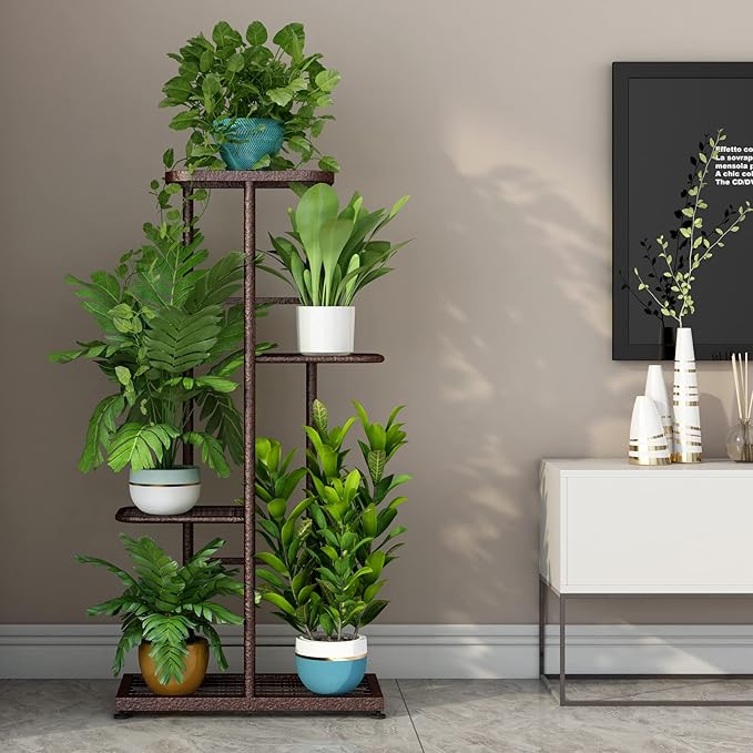 LINZINAR Plant Stand Metal 4 Tier 5 Potted Multiple Flower Pot Holder Shelf Indoor Outdoor Planter Display Shelving Unit for Patio Garden Corner Balcony Living Room (4 Tier 5 Potted, Bronze)
