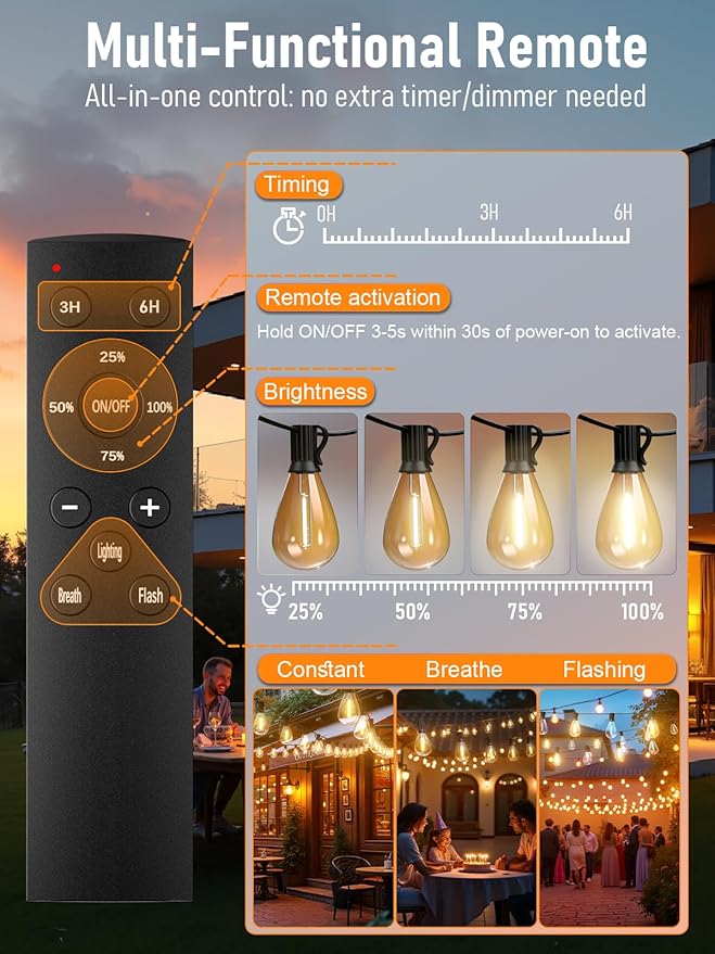 luckystyle 150FT LED Outdoor String Lights with Remote, 55+2 Shatterproof Bulbs Waterproof and Dimmable Patio Lights for Porch, Garden, Backyard, Deck, Balcony, 2200K Hanging Lighting