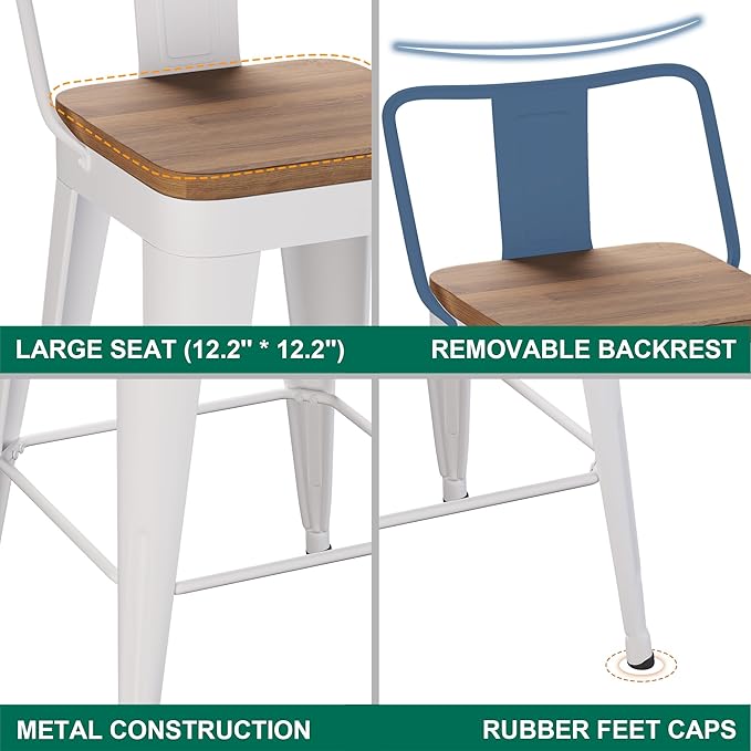 WENTMENT Metal Bar Stools Set of 2 Counter Height Barstools with Removable Back 24" Kitchen Bar Stools with Wooden Seat,Off White