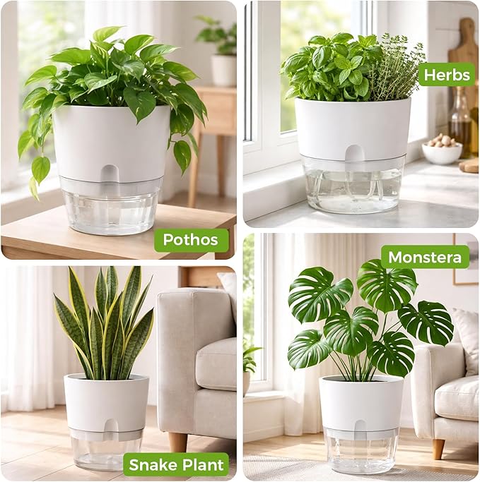 Planterhoma 5 Pack Self Watering Pots for Indoor Plants, 9 Inch Plant Pot Plastic Self Watering Planter for Orchid, Monstera, Lily, Large Clear Flower Pots with Drainage Holes and Wicking Rope, White