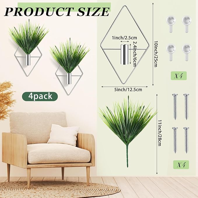 8 Pieces Silver Wall Decor Hanging Planters with Artificial Plants Metal Vase Indoor Aquatic Plant Holder Modern Geometric Wall Art for Home Bathroom Bedroom Living Room Office