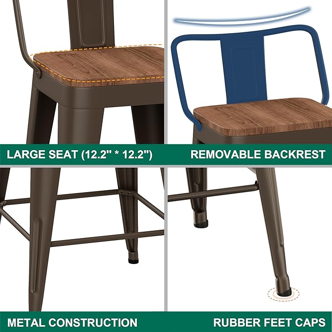 WENTMENT Bar Stools Set of 4 Counter Height Bar Stools Metal Barstools with Removable Back 26" Kitchen Bar Stools with Wooden Seat, Rusty