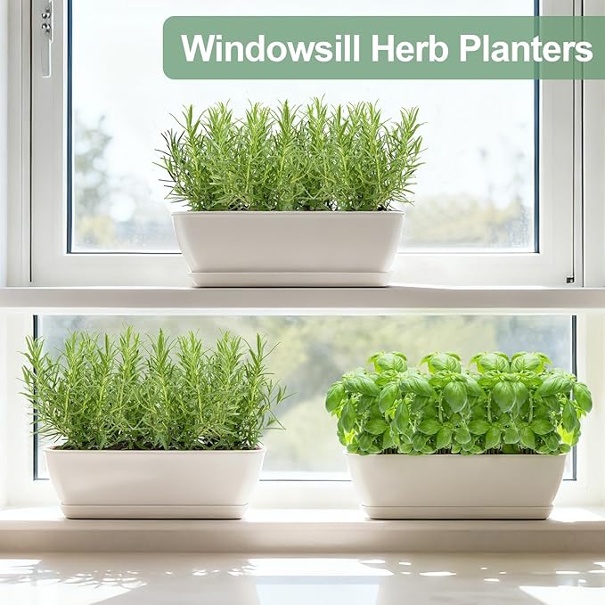 4-Piece White Rectangular Window Sill Planters with Drainage Holes and Trays (11 Inches) for Basil, Orchids, and Succulents Modern Herb Garden Planters Suitable for Indoor/Outdoor Plants