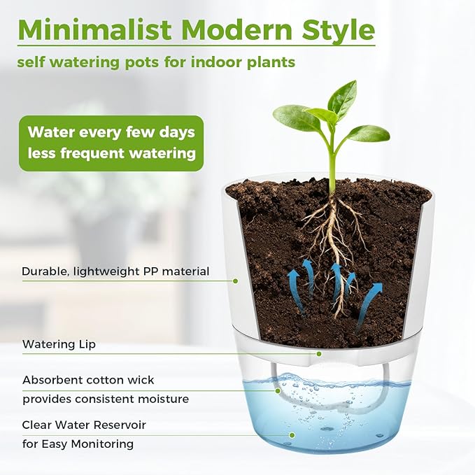 Planterhoma 3 Pack Self Watering Pots for Indoor Plants, 6 Inch Plant Pot Plastic Self Watering Planter for Orchid, African Violet, Small Clear Flower Pots with Drainage Holes and Wicking Rope, White