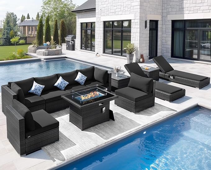 NICESOUL 11 Piece Patio Furniture with Fire Pit Natural Gas/Propane, 29.3'' High Back Outdoor Sectional with Firepit Table & Chaise Lounge, Deep Large Seating Sofa Couch, 2 Color Cushion Black & Gray