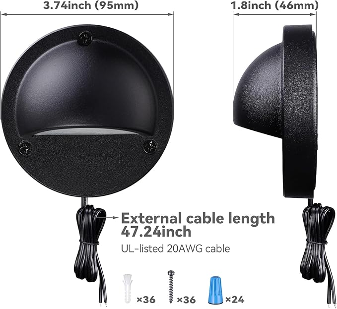 LEONLITE 12-Pack Update 5CCT LED Low Voltage Deck Lights, 180LM 3.74inch Landscape Step Railing Fence Light, 12-24V AC/DC, CRI90, Die-cast Aluminum Housing & Frosted Glass Lens, UL Cord, Black
