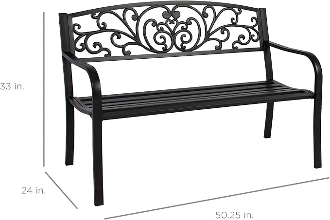 Best Choice Products Outdoor Bench Steel Garden Patio Porch Furniture for Lawn, Park, Deck w/Floral Design Backrest, Slatted Seat - Black