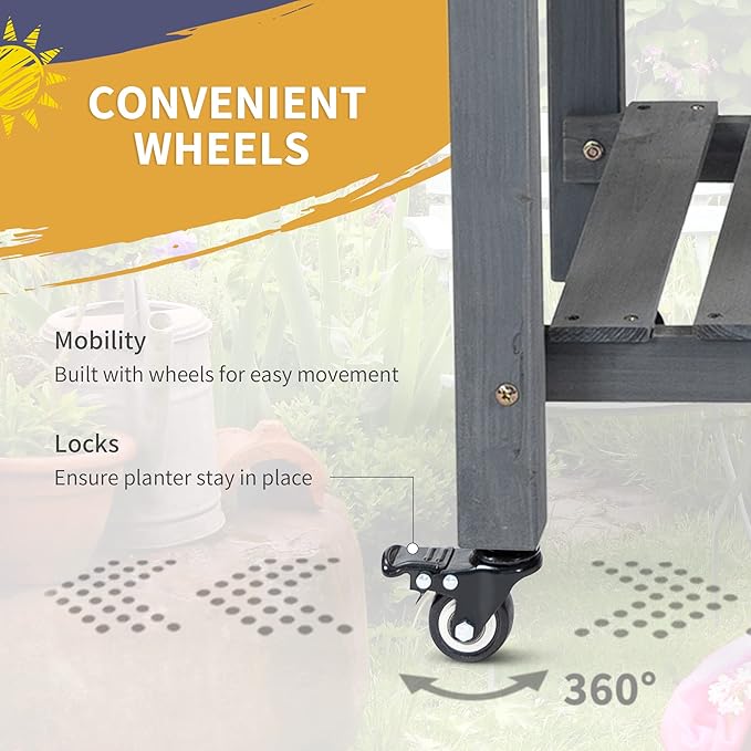 Outsunny Raised Garden Bed with 8 Grow Grids, Wooden Outdoor Plant Box Stand with Folding Side Table and Wheels, 49" x 21" x 34", for Vegetables, Flowers, Herbs, Gray