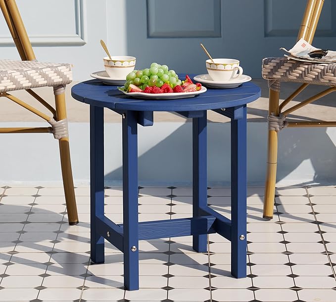 Y&M Outdoor Side Table, Waterproof Four-Legged Round Entryway End Table, Single-Tier HDPE Modern Small Coffee Nightstand for Bedroom, Living Room, Patio, Indoor or Outdoor Use, Navy Blue