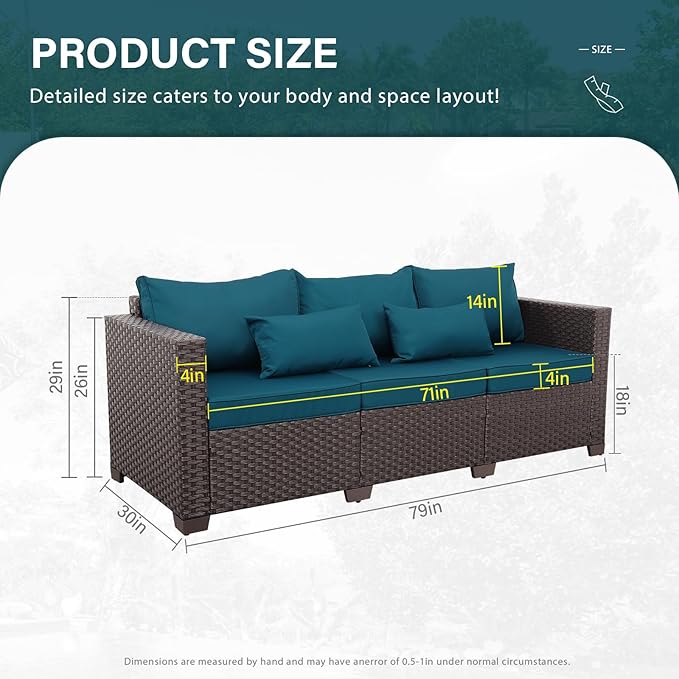 Outdoor Couch 3 Seater Sofa Outdoor Furniture Deep Seat High Backrest Patio Couch with Non-Slip Cushions and Waterproof Cover, Peacock Blue