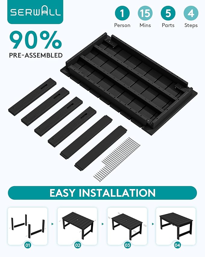 SERWALL Outdoor Coffee Table, HDPE Patio Coffee Table for Outside, Rectangle, Black