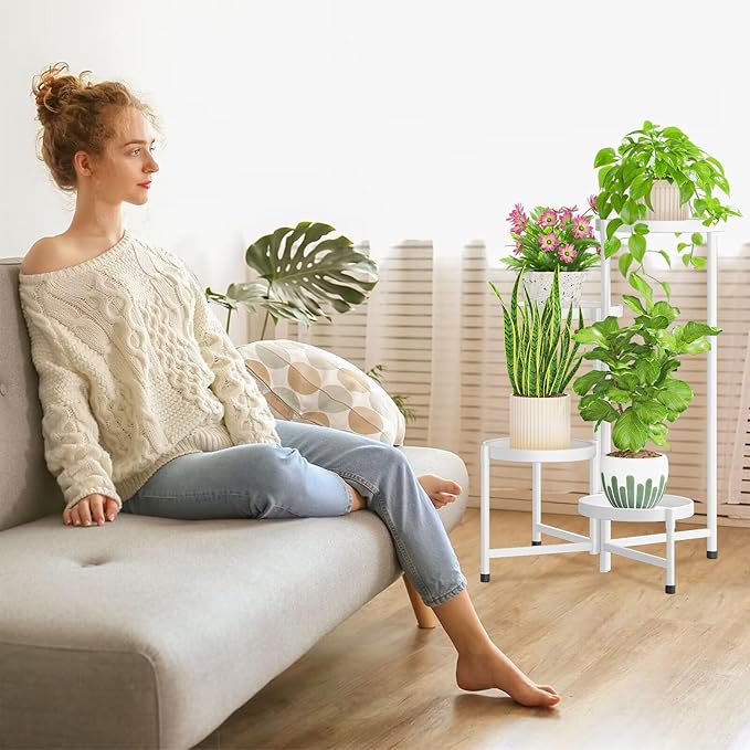 iDavosic.ly 4 Tier Large Plant Stand Indoor, 10 Inch Wide Tall Corner Metal Plant Stands Outdoor for Multiple Plants, Folding Tiered Flower Display Holder Rack Shelf, White