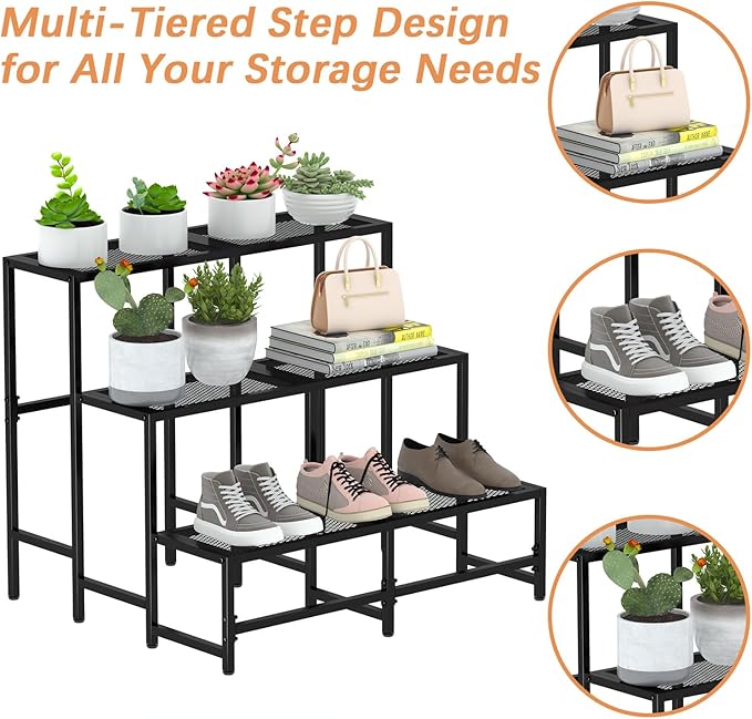 Garden 4 you 3 Tier Split Type Large Metal Plant Stand Stackable, Garden Display Shelf Flower Pot Holder Storage Organizer Rack for Indoor Home Outdoor Patio Balcony Yard( Black,Rectangle)