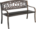 Leigh Country Metal Outdoor Bench, Welcome Design, Decorative Patio Seating for Porch/Deck