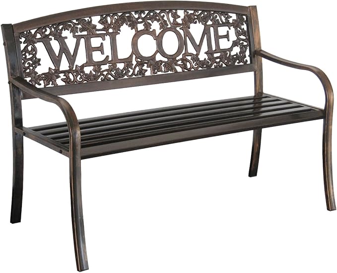 Leigh Country Metal Outdoor Bench, Welcome Design, Decorative Patio Seating for Porch/Deck
