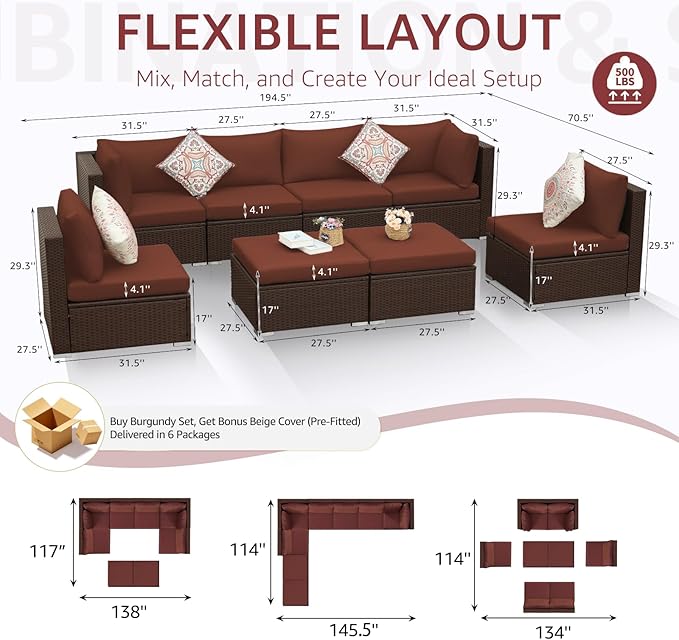 NICESOUL 29.3'' High Back Wicker Patio Furniture Set for 8 Person, Extra Big Outdoor Modular Sectional with Ottoman, Deep Seated Relax Conversation Sets for Backyard Deck, Brown and Red