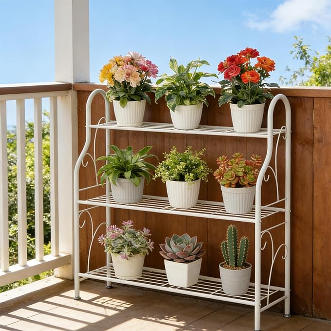 SORCEDAS Plant Stand Indoor Outdoor Plant Shelf 3 Tier Metal Corner Flower Stand Multiple Holder for Patio Garden Balcony Living Room, White