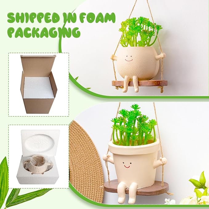 Domensi 2 Pcs Swing Hanging Planter Cute Smile Flower Face Pot Indoor Outdoor Pots for Succulent String of Pearls Plants Plant Ideal Gifts for Christmas Birthday(Swing Mixed Shapes,Mixed Sizes)