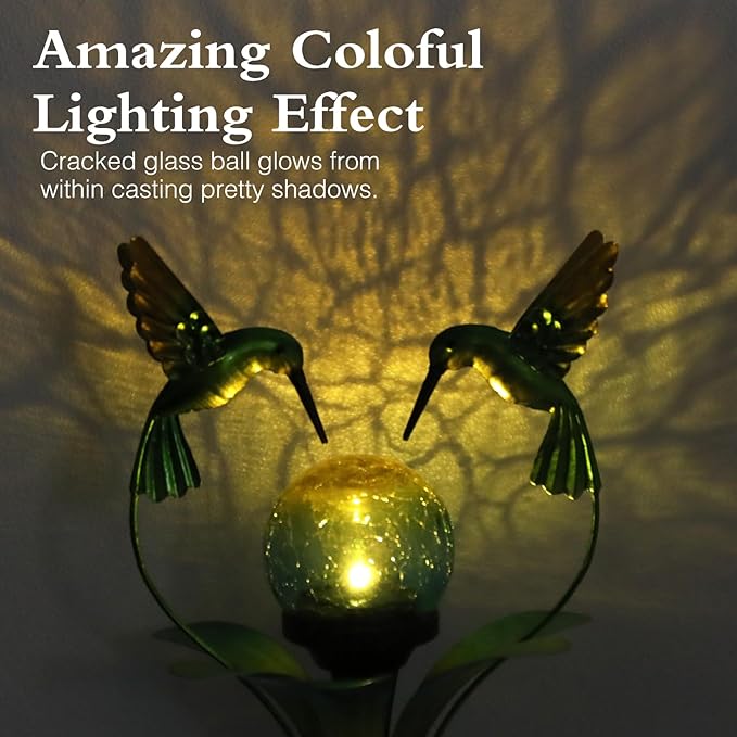 Solar Lights Outdoor Metal Garden Stake Waterproof Crackle Glass Globe Garden Decor Green Hummingbird for Pathway, Lawn, Patio, Yard