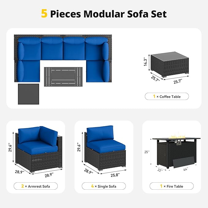 Aoxun Patio Furniture Set with Fire Pit Table, 8 Piece Outdoor Sectional Sofas, Wicker Rattan Outdoor Furniture with Thickened Cushion for Backyard, Garden Navy Blue