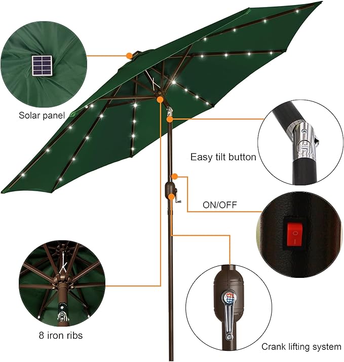 Blissun 9 ft Solar Umbrella, 32 LED Lighted Patio Umbrella, Table Market Umbrella, Outdoor Umbrella for Garden, Deck, Backyard, Pool and Beach (Dark Green)