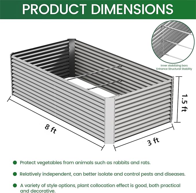 FRIZIONE 2pcs Tall 8x3x1.5ft Galvanized Raised Garden Bed Outdoor,Steel Garden Bed for Vegetables,Above Ground Garden Box for Flower,Metal Raised Beds for Gardening
