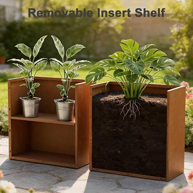 Corten Steel Planters - 24X12X24 inch Removable Insert Shelf for Garden Patio