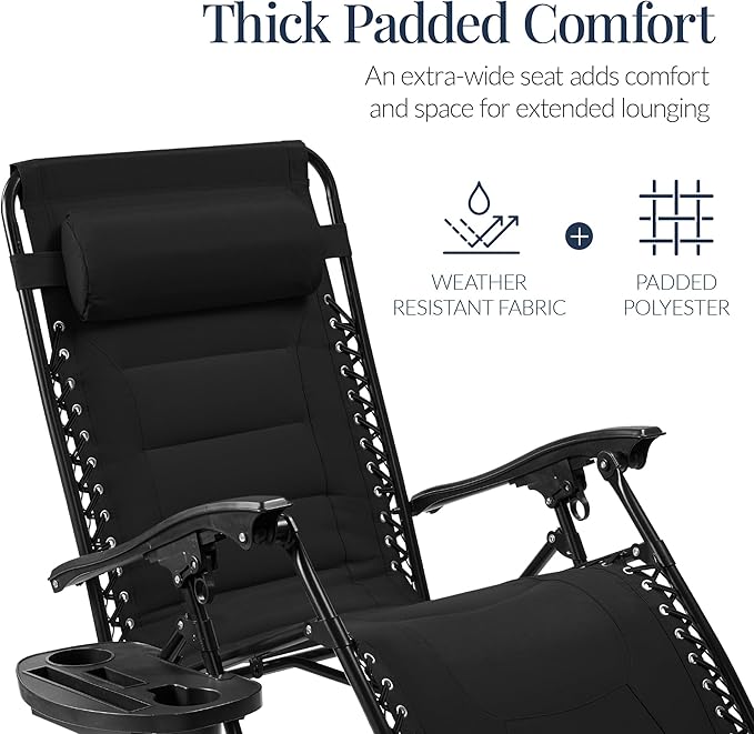Best Choice Products Oversized Padded Zero Gravity Chair, Folding Outdoor Patio Recliner, XL Anti Gravity Lounger for Backyard w/Headrest, Cup Holder, Side Tray, Polyester Mesh - Black