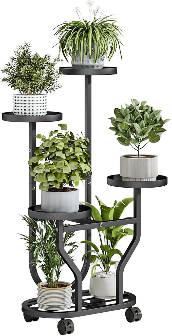 Plant Stand Indoor Outdoor 4 Tier Flower Holder with Wheels Metal Plant Shelf Corner Display Rack Multi Plants Sheleves for Living Room Garden Patio Black