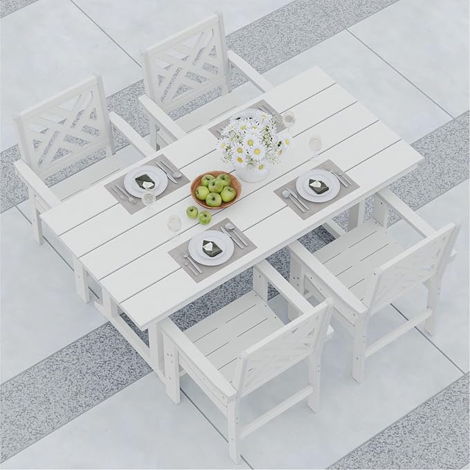 5-Piece Outdoor Dining Set, HDPE All-Weather Patio Table and Chairs Set for 4, Outdoor Patio Furniture Sets with Umbrella Hole for Outside, Deck, Backyard, Garden (White)