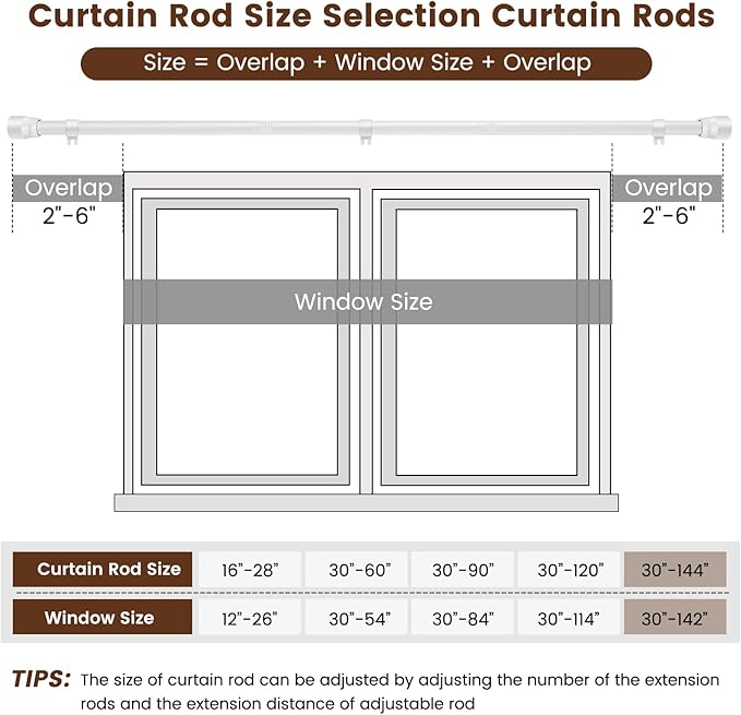 1” Diameter Curtain Rods Itself is 30 to 144 inch 2 Pack Fit 30-142 inch, 66 to 120 inch Window with Heavy Duty Adjustable Rod Matte White Splicing Metal Extra Long Curtain Rod for Windows